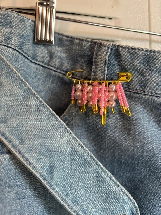 Upcycled Denim Mini Skirt Size 10 – Handmade Charm Details & Floral Bow🌸 - Picture 4 of 12